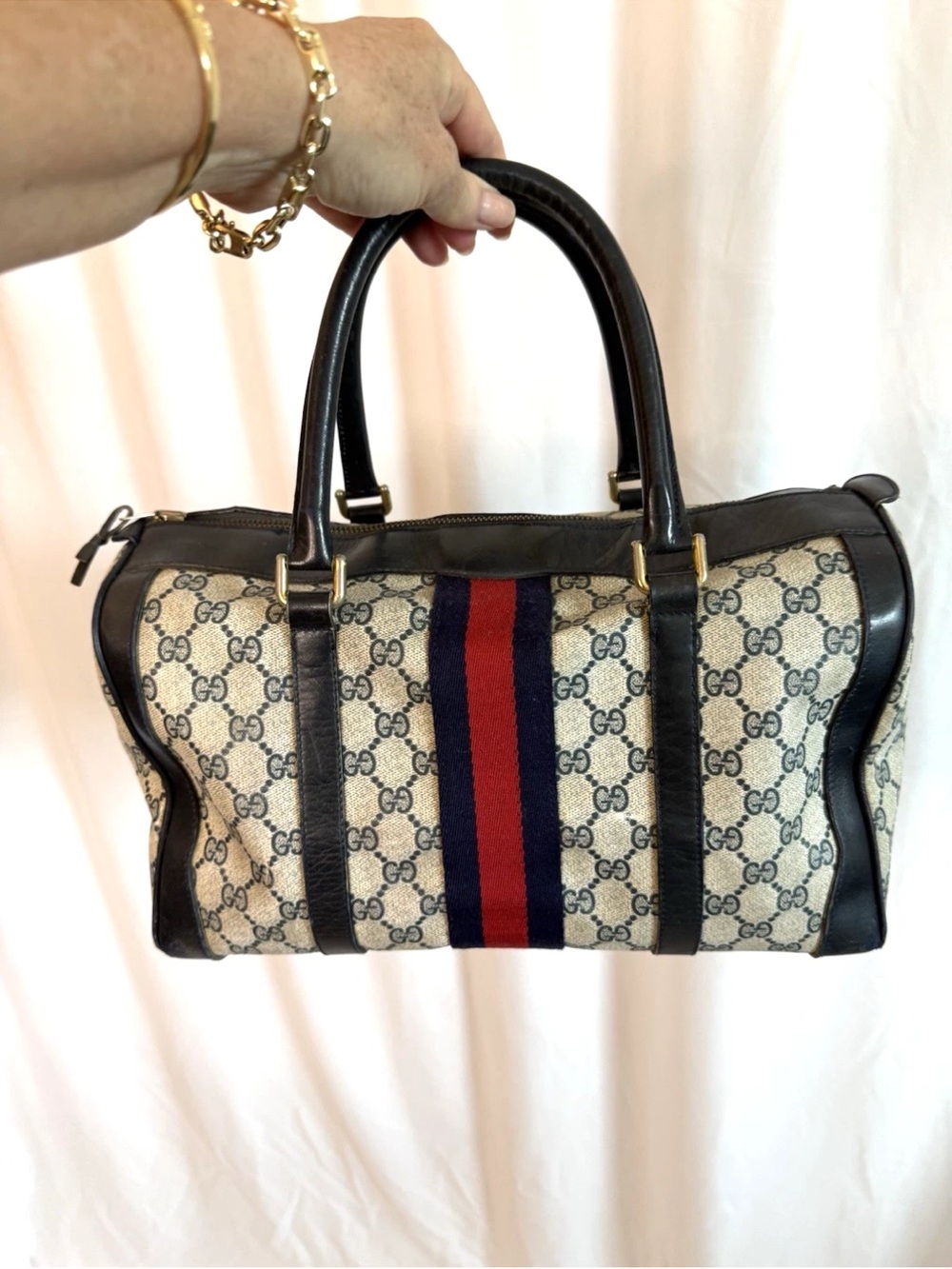 GUCCI Vintage Navy Monogram Boston Speedy Bag w/ Navy Red Webbing